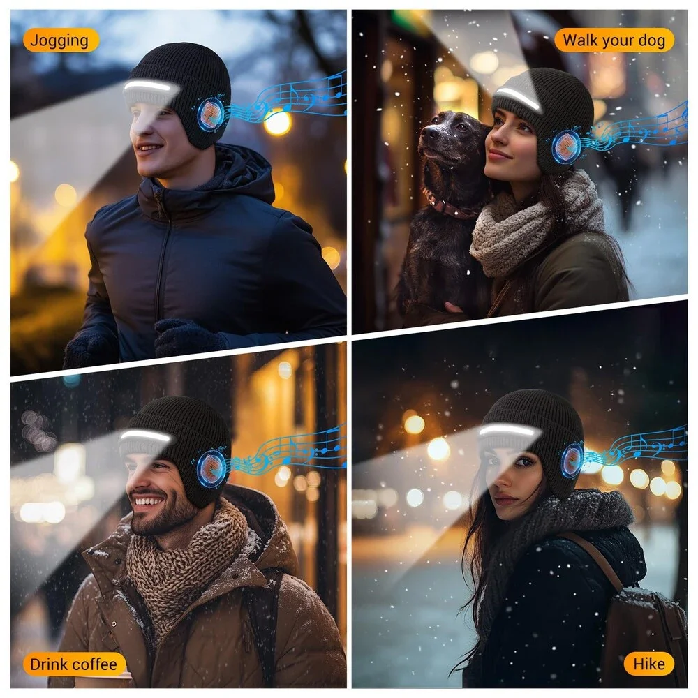 Wewow Unisex Black Bluetooth Beanie Light USB Rechargeable Warm Knitted ONE SZ